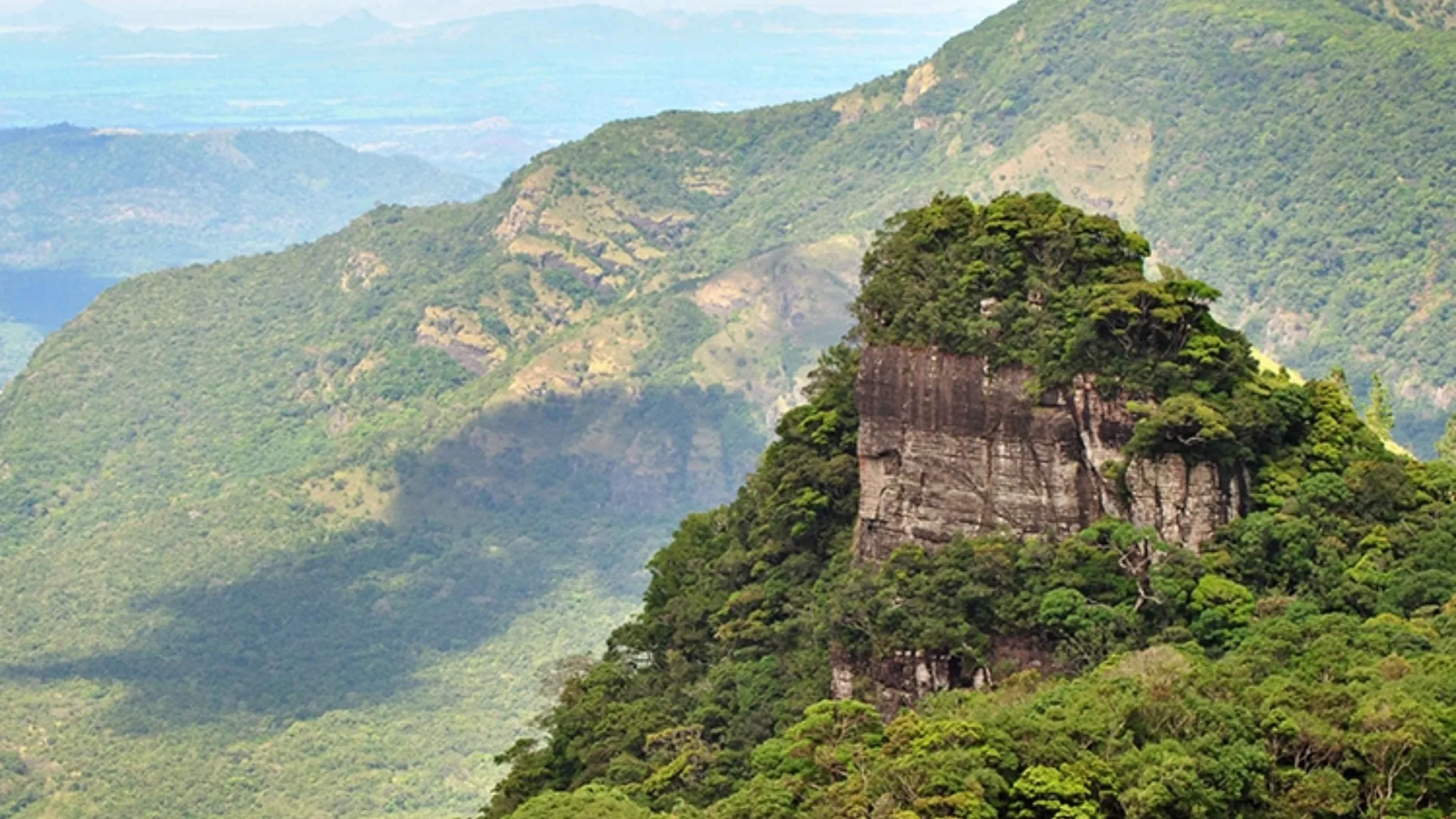 A rocky peak rising above forested mountains in Sri Lanka's hill country