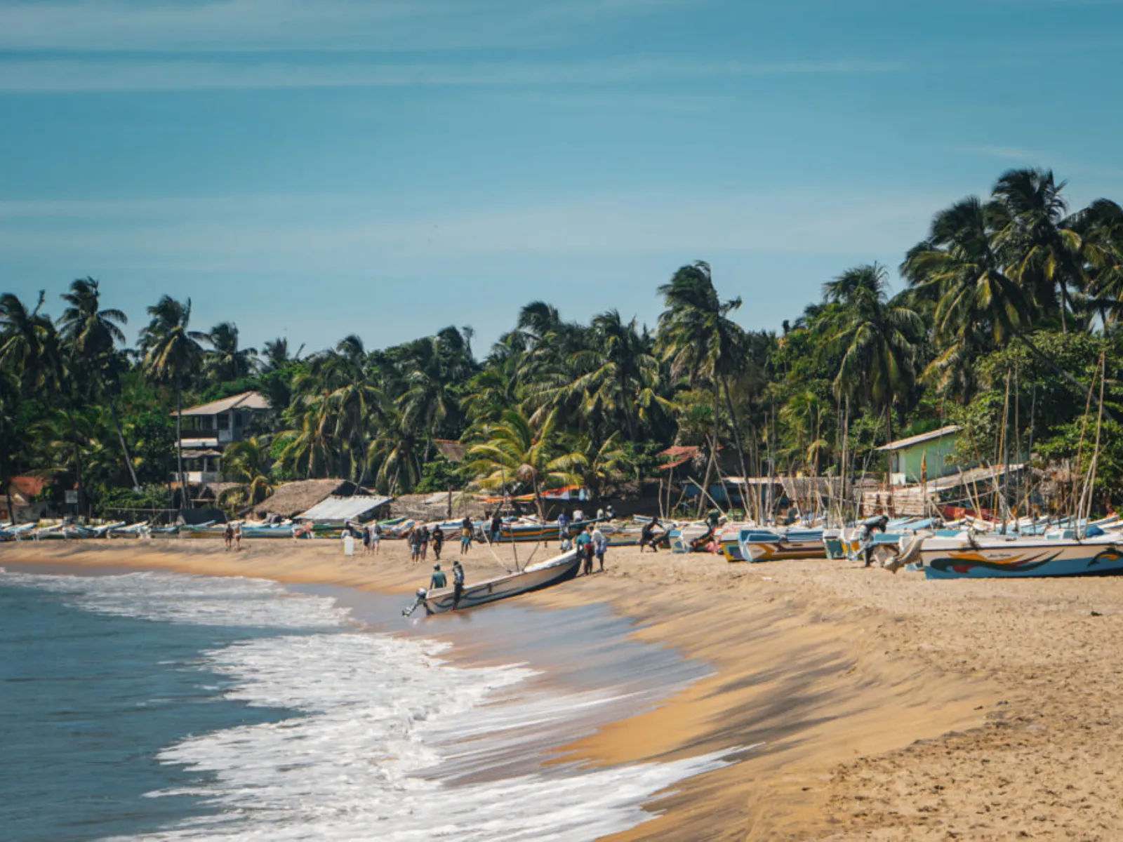 Surfers in the water at Arugam Bay on Sri Lanka's southeast coast