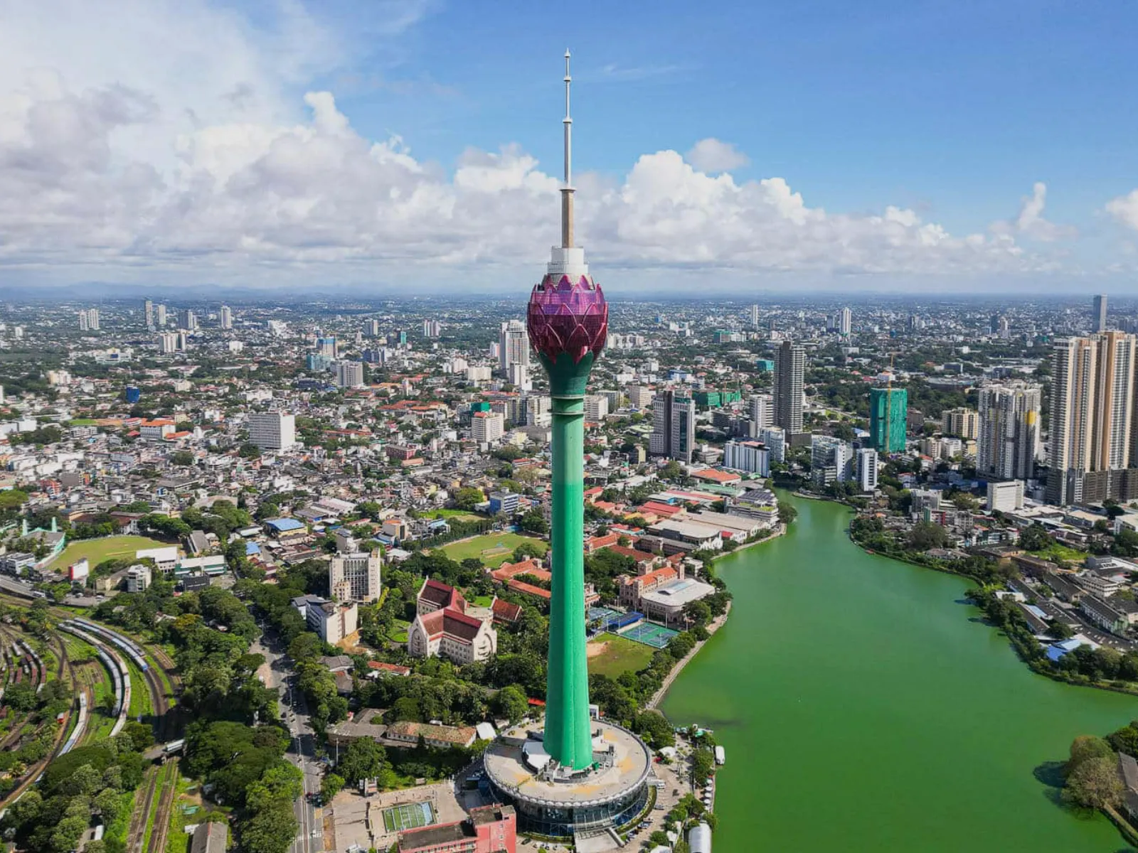 Aerial view of Colombo's coastal skyline with high-rises overlooking the Indian Ocean