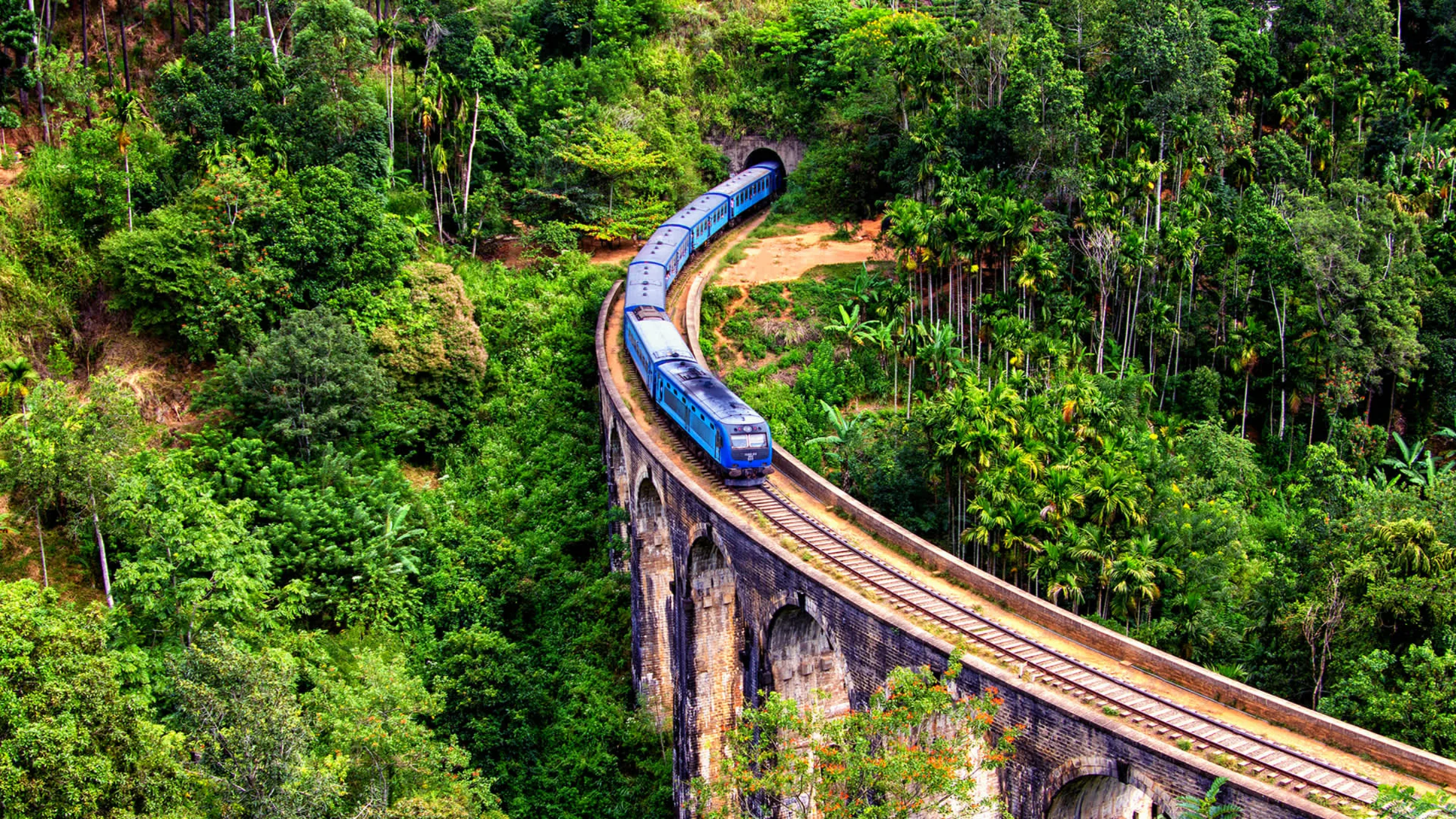 A blue train crossing the historic Nine Arch Bridge through the jungle near Ella