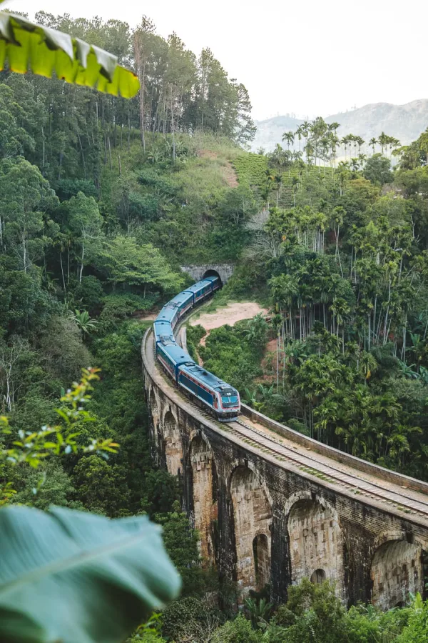 A blue train crossing the Nine Arch Bridge through the jungle near Ella
