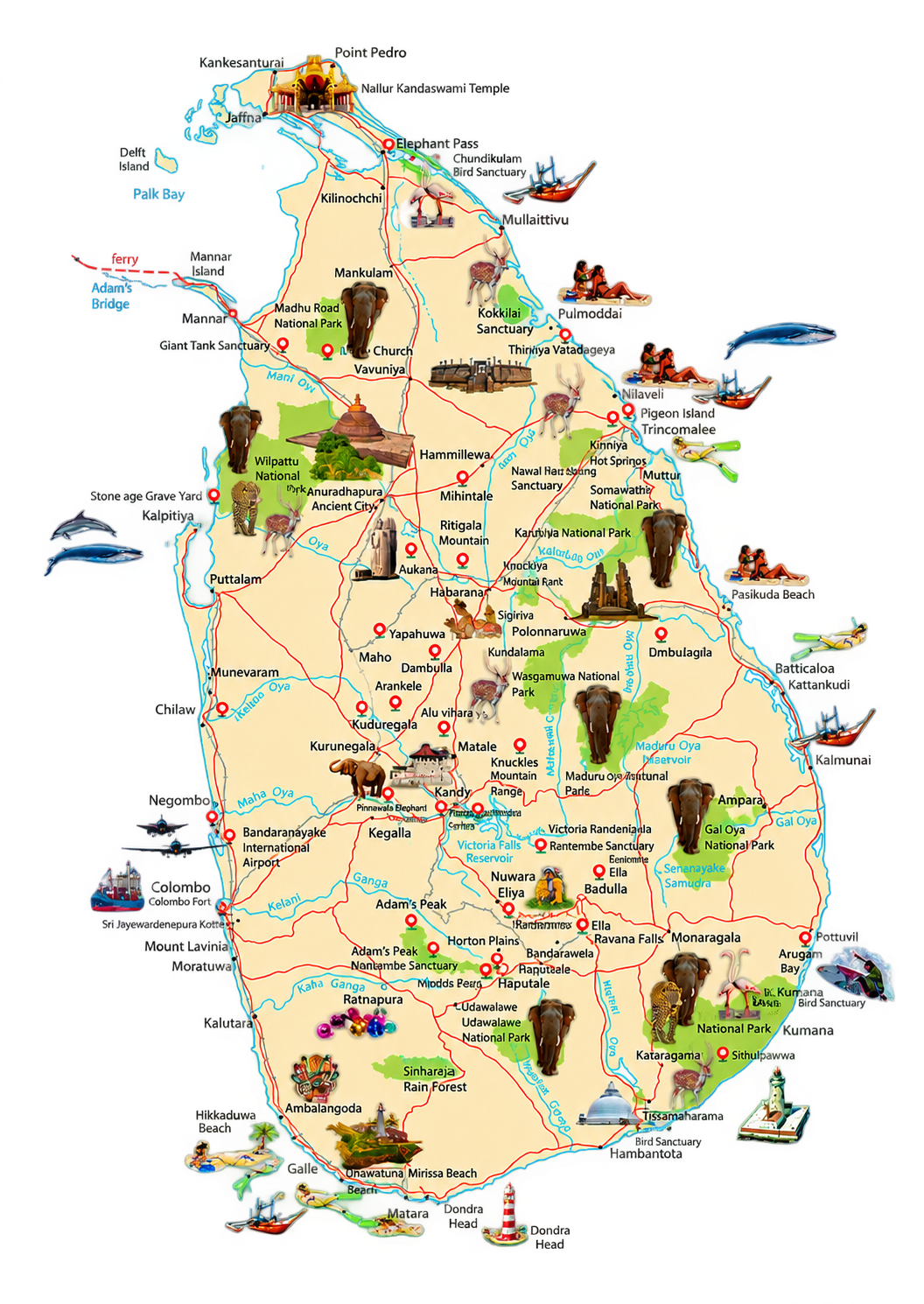 Illustrated map of Sri Lanka's coastline, hill country and key destinations